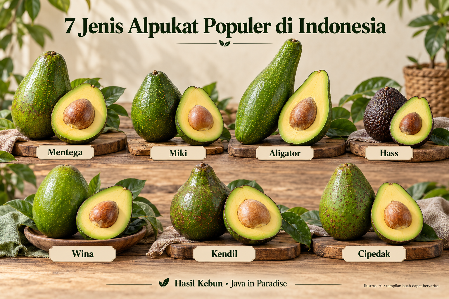 Ilustrasi tujuh jenis alpukat: Mentega, Miki, Aligator, Hass, Wina, Kendil, dan Cipedak.