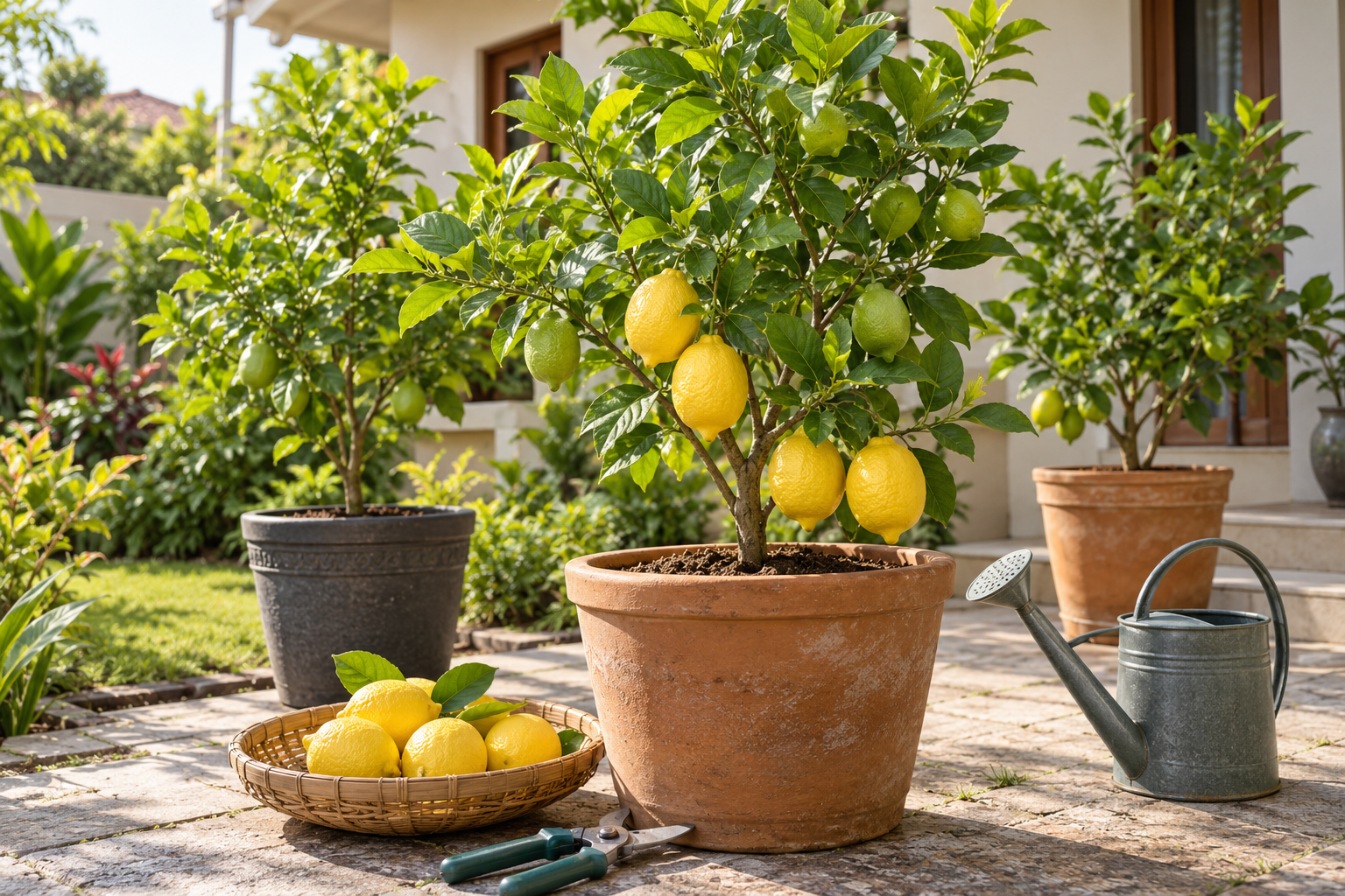 Ilustrasi budidaya jeruk lemon dalam pot di pekarangan rumah, dilengkapi hasil panen dan perlengkapan perawatan.