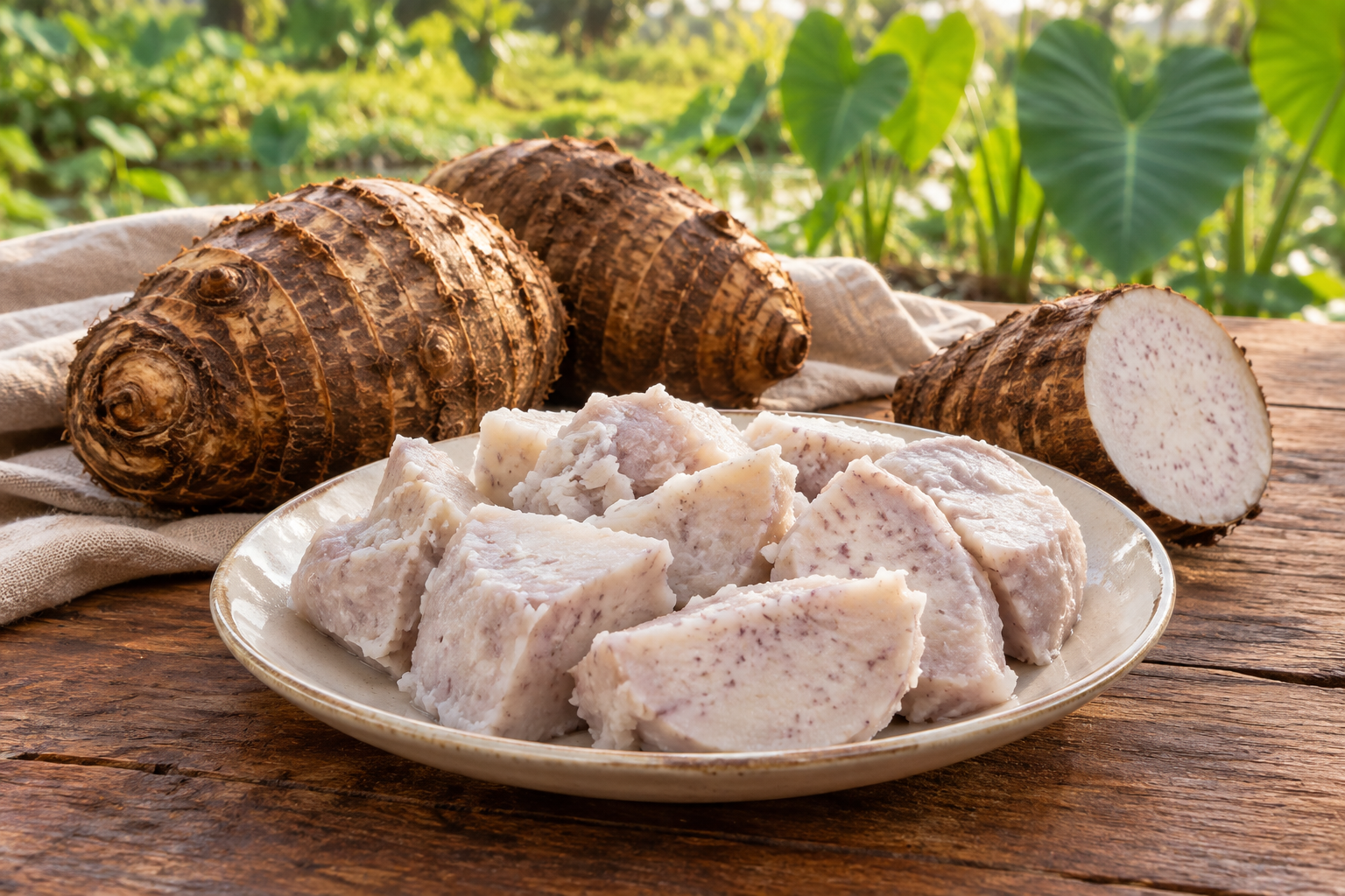 Umbi talas dan irisan talas kukus di atas piring dengan latar kebun