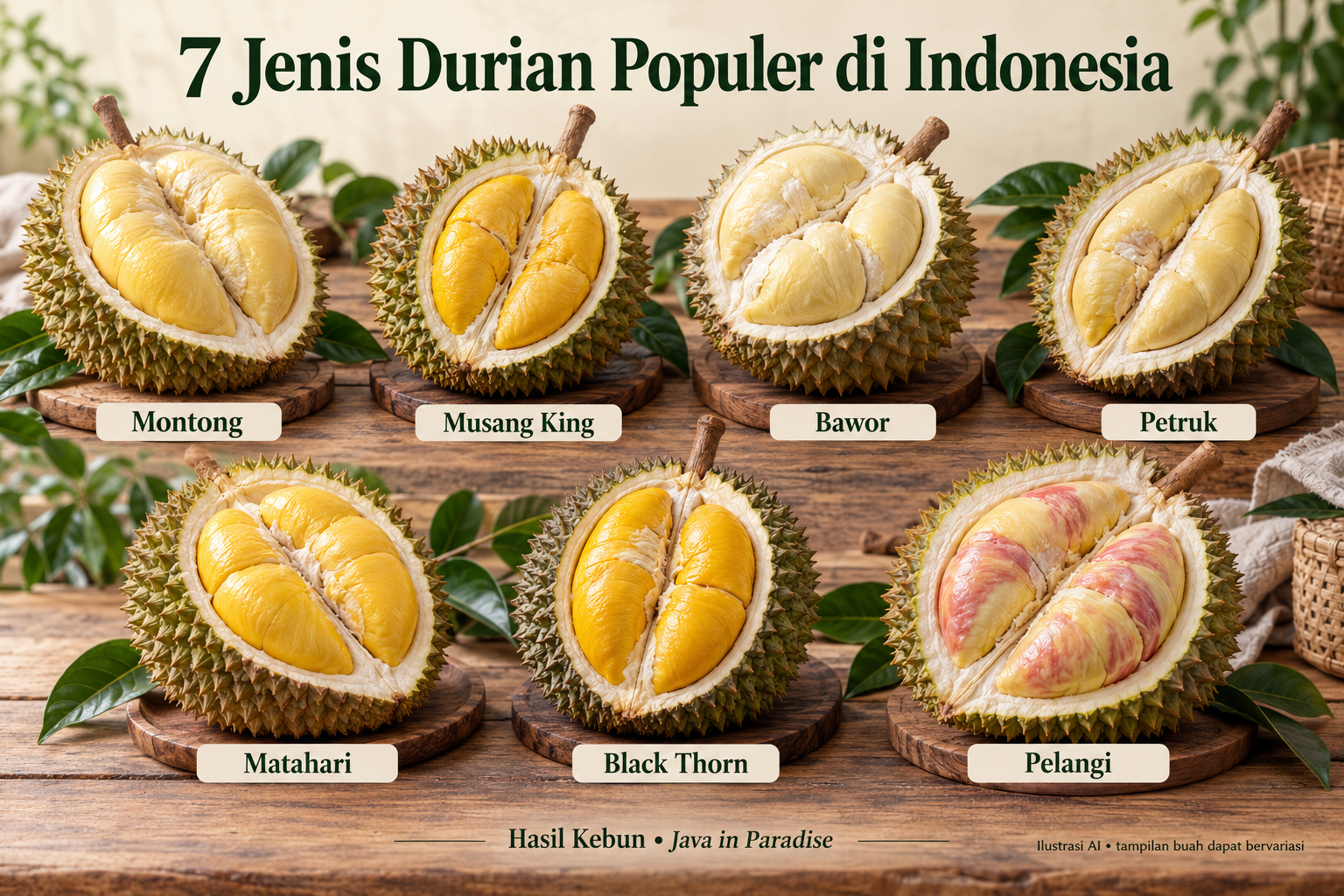 Ilustrasi tujuh jenis durian: Montong, Musang King, Bawor, Petruk, Matahari, Black Thorn, dan Pelangi.