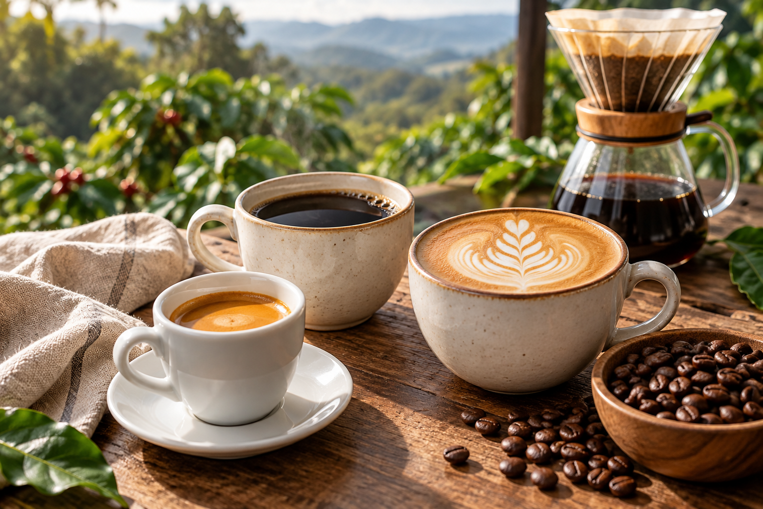 Espresso, kopi hitam, dan latte bersama biji kopi sangrai serta alat seduh pour-over.